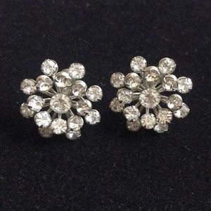 Vintage Silver Tone Starburst Crystal Earrings